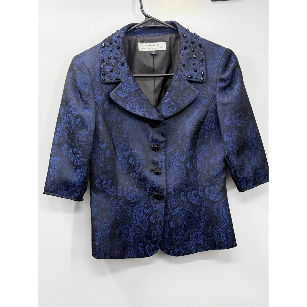 Tahari Cropped Jacquard Blazer Blue Black Beaded Collar Evening Size 2
